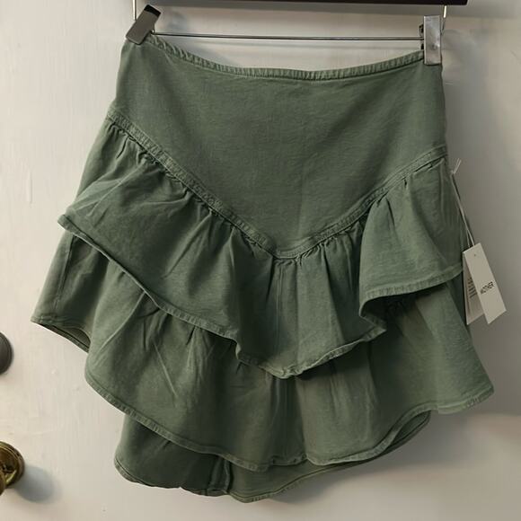 MOTHER Denim The Ruffle Mini Skirt 30 NEW Loden Green Balletcore Boho Preppy - Picture 1 of 11